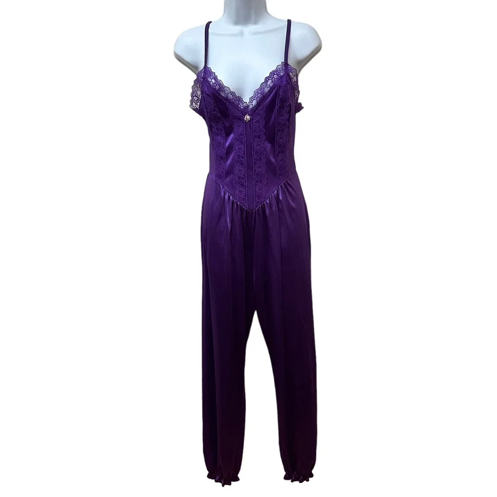 Lady Cameo Nylon Satin Negligee Jumpsuit PJ's Loungewear Jeannie Leg Size S